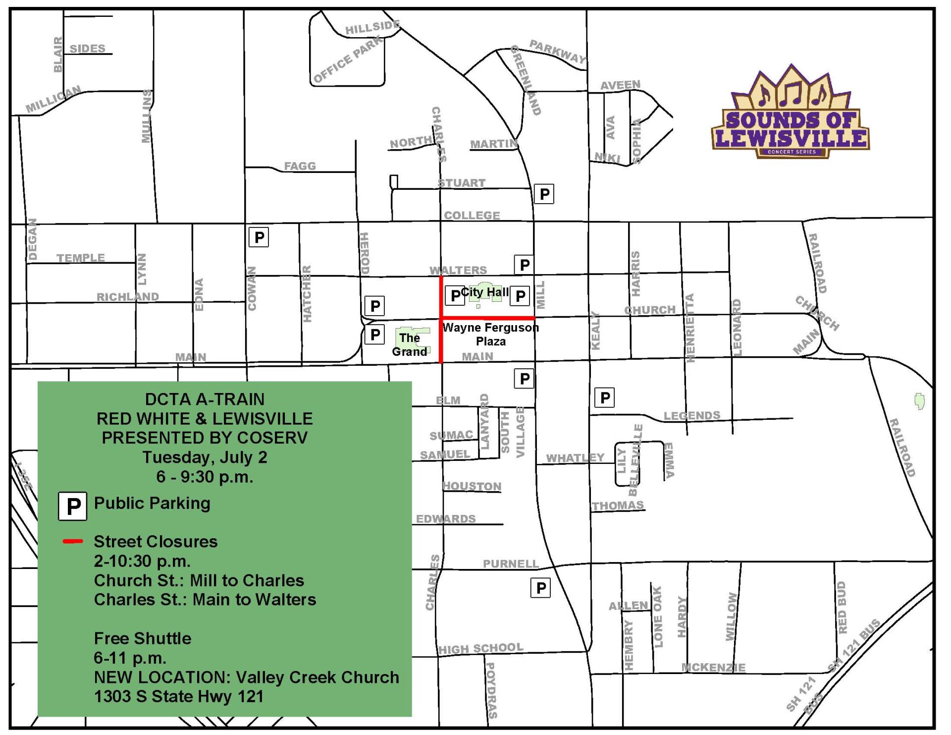 Red White and Lewisville parking and street closure map